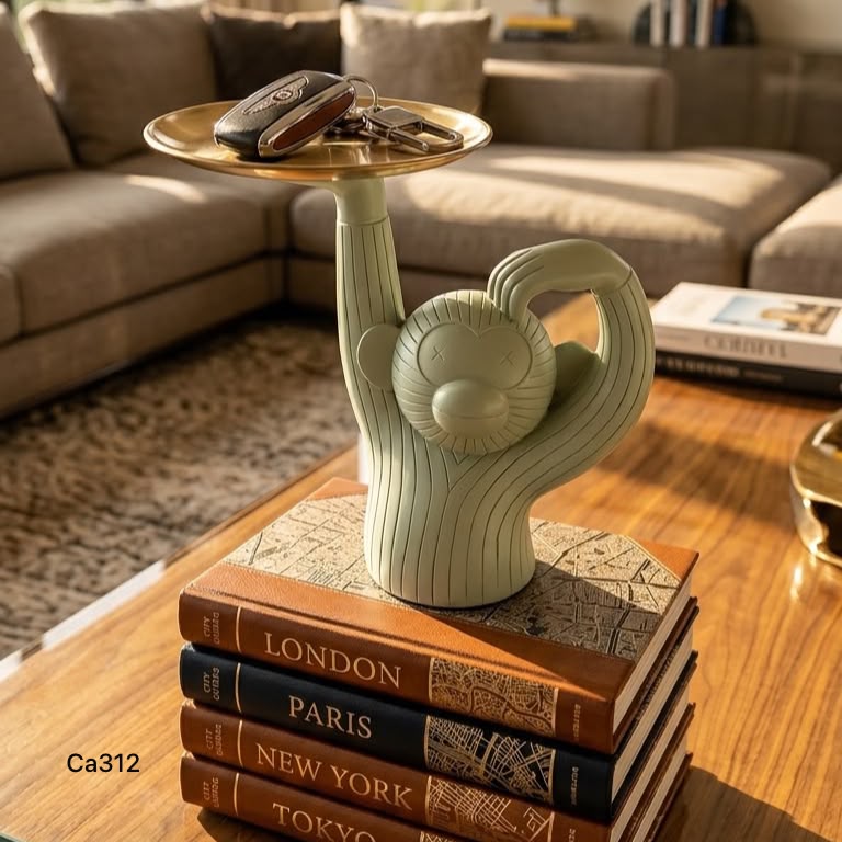 Articulo decorativo mono resina blanco bandeja dorada 28,5cm* 14cm* 30cm